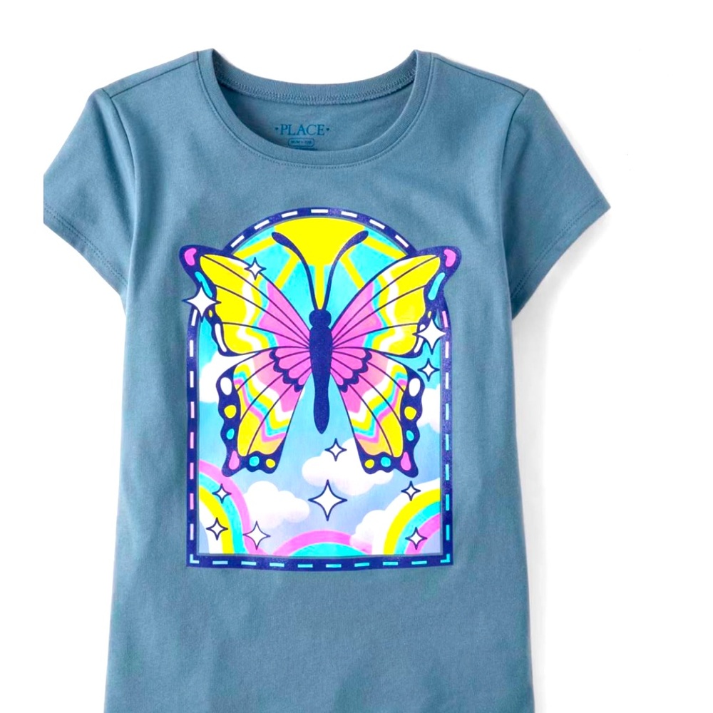 NWT: Girls Rainbow Butterfly Graphic Tee- Lake Blue